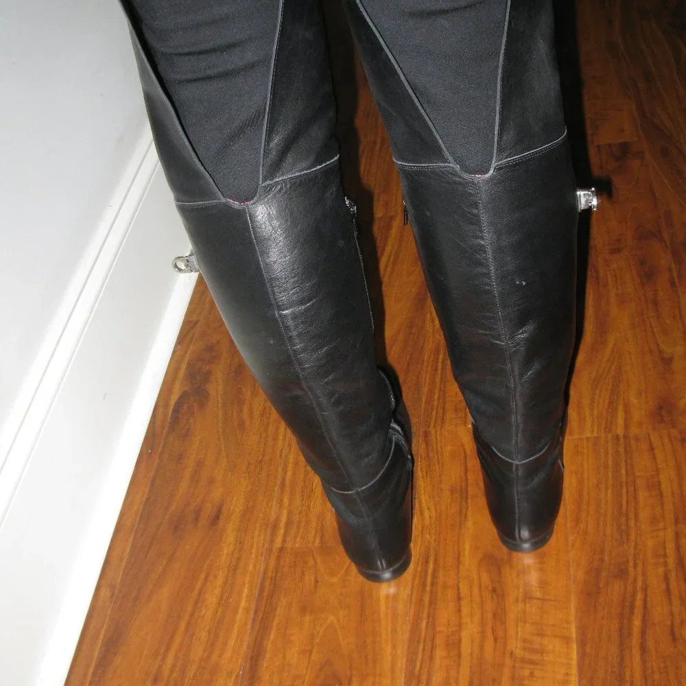REDUCED Wmn Black Leather Side Zipper Block Heel Over The Knee Boots S 5.5 UK 3